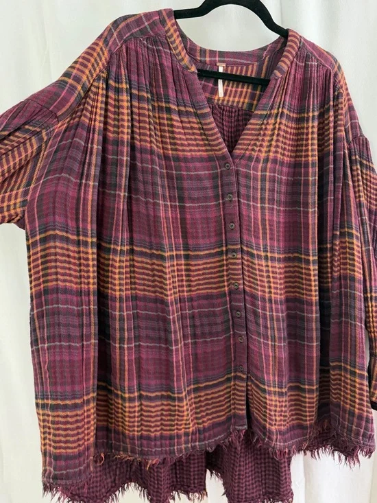 Free People Come on Over Oversized Plaid Button Down Flannel Womens Size Medium - Picture 4 of 9